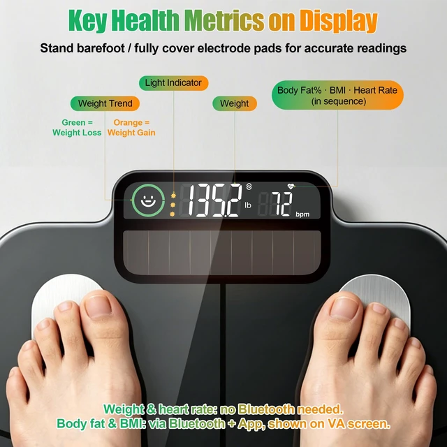 Alt view image 3 of 7 - Solar Powered Smart Scale for Body Weight, No Disposable Batteries Required | Bluetooth Digital Bathroom Scale, No Charging Cable, Body Fat/BMI/Heart Rate, 0.05-0.5kg Precision, 25 Metrics via App