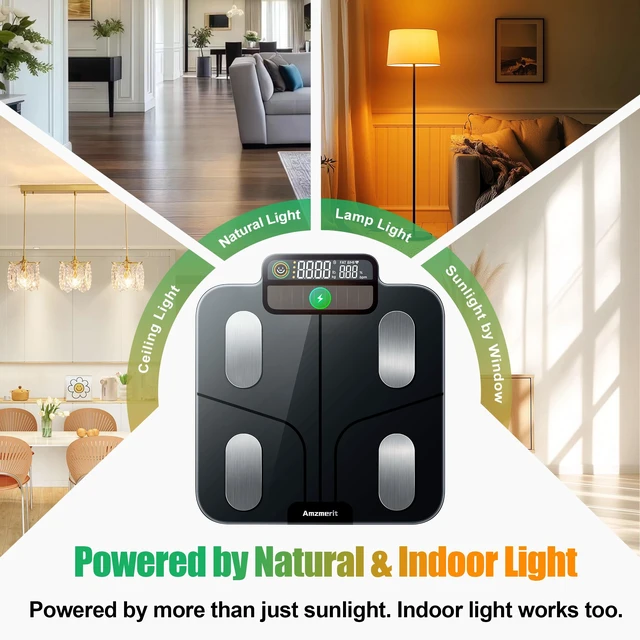 Alt view image 4 of 7 - Solar Powered Smart Scale for Body Weight, No Disposable Batteries Required | Bluetooth Digital Bathroom Scale, No Charging Cable, Body Fat/BMI/Heart Rate, 0.05-0.5kg Precision, 25 Metrics via App