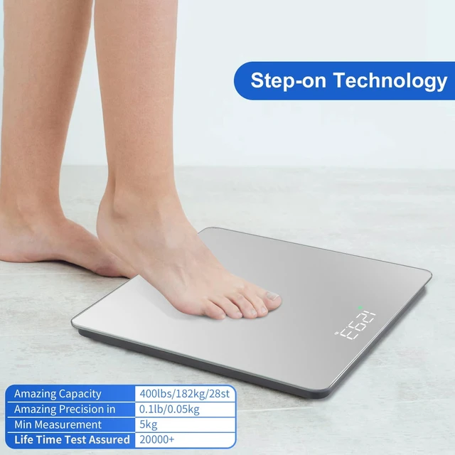 Alt view image 3 of 7 - Bathroom Scale for Body Weight Precision 0.1lb, Weight Scale 400lb | Professional Factory Since 2001 Digital Scales for Weight Loss Bathroom Accessories LED&Step-On, Tempered Glass, 3*AAA,Silver