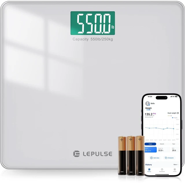 Main image of 550lb Bathroom Digital Scale for Body Weight BMI with APP | Extra Wide Platform High Capacity Backlit Display, Most Accurate Body Scale up to 550 lbs Weight Scale, 8mm Tempered Glass