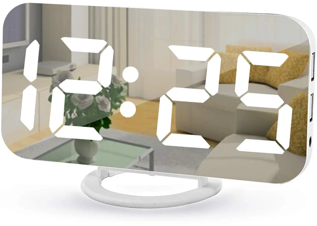 Main image of Digital Alarm Clock,7" LED Mirror Electronic Clocks,with 2 USB Charging Ports,Snooze Mode,Auto Adjust Brightness,Modern Desk Wall Clocks for Bedrooms Living Room Office - White