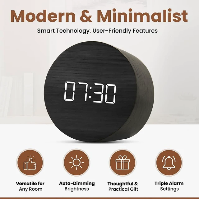 Alt view image 6 of 7 - Wooden LED Digital Alarm Clock for Desk Modern Aesthetic Wood Clock with Adjustable Brightness, 3 Alarms, Large Display, AC Powered Stays On When Plugged in (White)