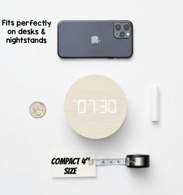 Alt view image 7 of 7 - Wooden LED Digital Alarm Clock for Desk Modern Aesthetic Wood Clock with Adjustable Brightness, 3 Alarms, Large Display, AC Powered Stays On When Plugged in (White)