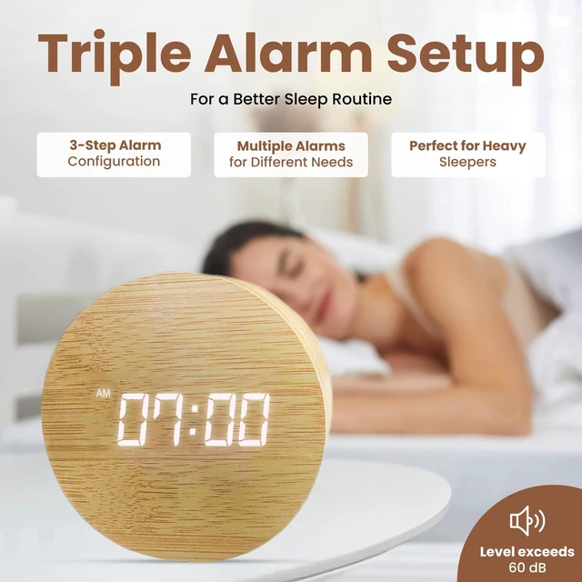 Alt view image 5 of 7 - Wooden LED Digital Alarm Clock for Desk Modern Aesthetic Wood Clock with Adjustable Brightness, 3 Alarms, Large Display, AC Powered Stays On When Plugged in (White)