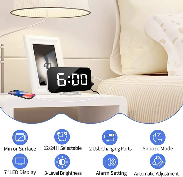 Alt view image 2 of 7 - Digital Alarm Clock,7" LED Mirror Electronic Clocks,with 2 USB Charging Ports,Snooze Mode,Auto Adjust Brightness,Modern Desk Wall Clocks for Bedrooms Living Room Office - White