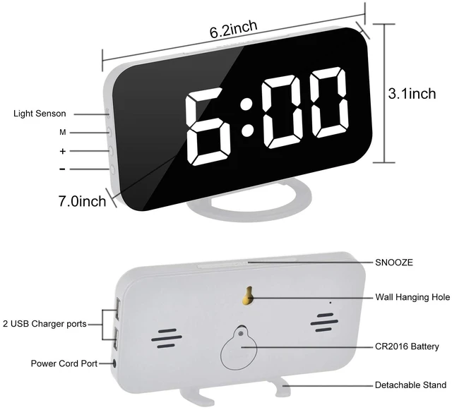 Alt view image 4 of 7 - Digital Alarm Clock,7" LED Mirror Electronic Clocks,with 2 USB Charging Ports,Snooze Mode,Auto Adjust Brightness,Modern Desk Wall Clocks for Bedrooms Living Room Office - White