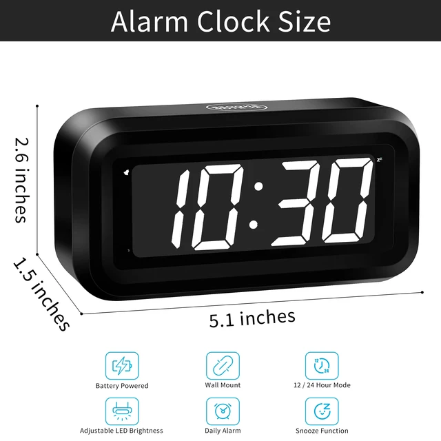 Alt view image 2 of 7 - Kids Alarm Clock, White LED, Battery, Auto-Night Mode, 12Hr/24Hr, Small, Travel, Bedside, Wall-Mount/Table-top, Easy to Read