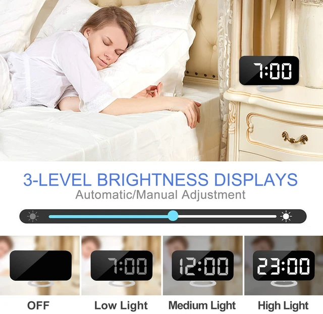 Alt view image 3 of 7 - Digital Alarm Clock,7" LED Mirror Electronic Clocks,with 2 USB Charging Ports,Snooze Mode,Auto Adjust Brightness,Modern Desk Wall Clocks for Bedrooms Living Room Office - White