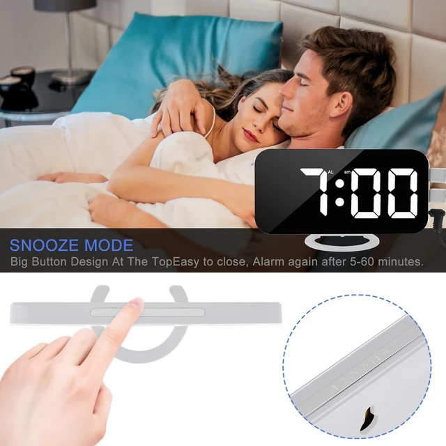 Alt view image 5 of 7 - Digital Alarm Clock,7" LED Mirror Electronic Clocks,with 2 USB Charging Ports,Snooze Mode,Auto Adjust Brightness,Modern Desk Wall Clocks for Bedrooms Living Room Office - White