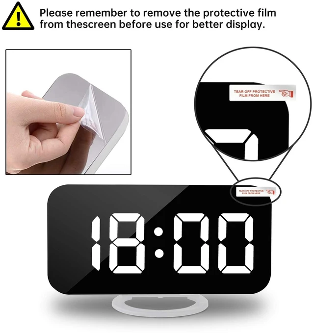 Alt view image 7 of 7 - Digital Alarm Clock,7" LED Mirror Electronic Clocks,with 2 USB Charging Ports,Snooze Mode,Auto Adjust Brightness,Modern Desk Wall Clocks for Bedrooms Living Room Office - White