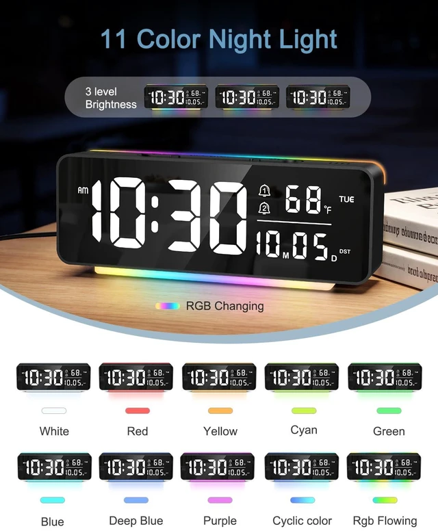 Alt view image 2 of 7 - Digital Alarm Clock, 6.5" LED Digital Clock for Heavy Sleepers/Kids | 11 Colors Night Light, 5 Brightness, Dual Alarm, 3 Volume, Snooze, Night Mode, Temp/Date/Weekday for Home Office
