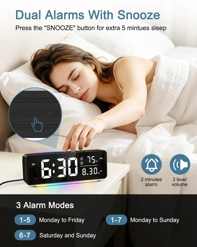 Alt view image 3 of 7 - Digital Alarm Clock, 6.5" LED Digital Clock for Heavy Sleepers/Kids | 11 Colors Night Light, 5 Brightness, Dual Alarm, 3 Volume, Snooze, Night Mode, Temp/Date/Weekday for Home Office