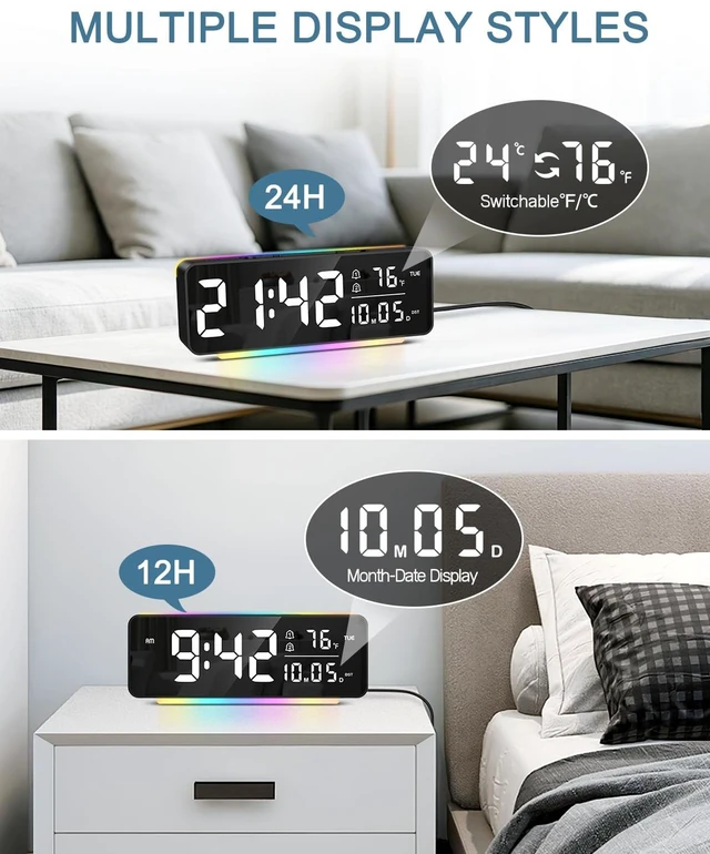 Alt view image 4 of 7 - Digital Alarm Clock, 6.5" LED Digital Clock for Heavy Sleepers/Kids | 11 Colors Night Light, 5 Brightness, Dual Alarm, 3 Volume, Snooze, Night Mode, Temp/Date/Weekday for Home Office