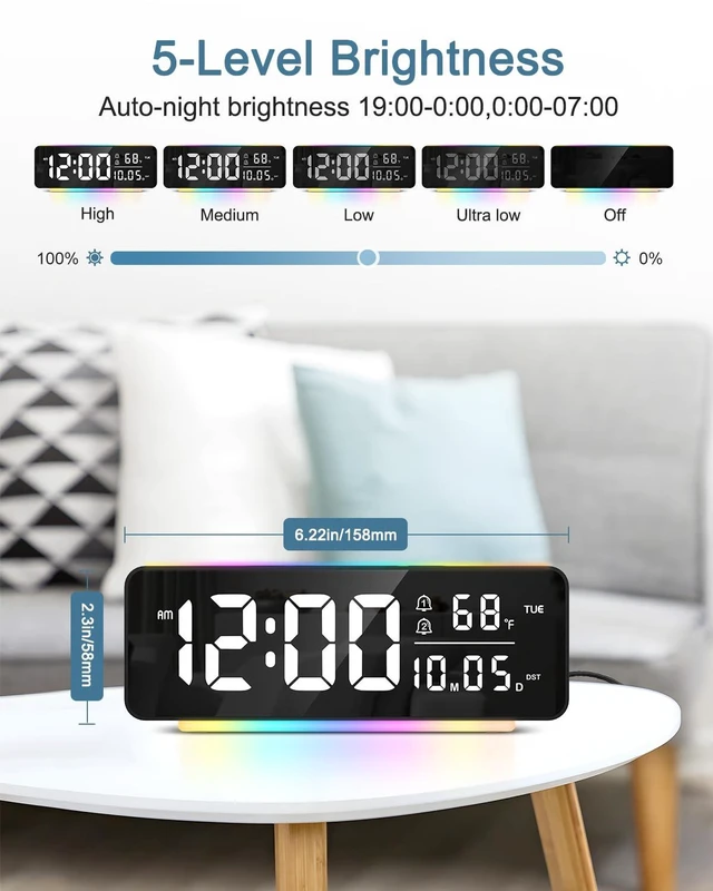 Alt view image 5 of 7 - Digital Alarm Clock, 6.5" LED Digital Clock for Heavy Sleepers/Kids | 11 Colors Night Light, 5 Brightness, Dual Alarm, 3 Volume, Snooze, Night Mode, Temp/Date/Weekday for Home Office