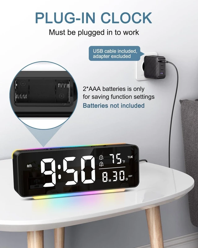 Alt view image 6 of 7 - Digital Alarm Clock, 6.5" LED Digital Clock for Heavy Sleepers/Kids | 11 Colors Night Light, 5 Brightness, Dual Alarm, 3 Volume, Snooze, Night Mode, Temp/Date/Weekday for Home Office