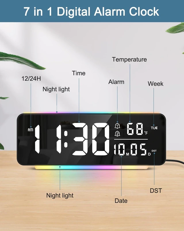 Alt view image 7 of 7 - Digital Alarm Clock, 6.5" LED Digital Clock for Heavy Sleepers/Kids | 11 Colors Night Light, 5 Brightness, Dual Alarm, 3 Volume, Snooze, Night Mode, Temp/Date/Weekday for Home Office