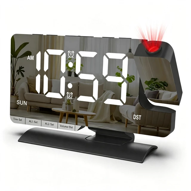 Main image of Projection Clock for Bedroom Ceiling, Black LED Mirror Digital Alarm Clock | 7.3 inch Large Mirror Bedside Desk Clock 6-Level Brightness Loud Alarm USB & Type-C Charger Snooze DST Date 2 Alarms