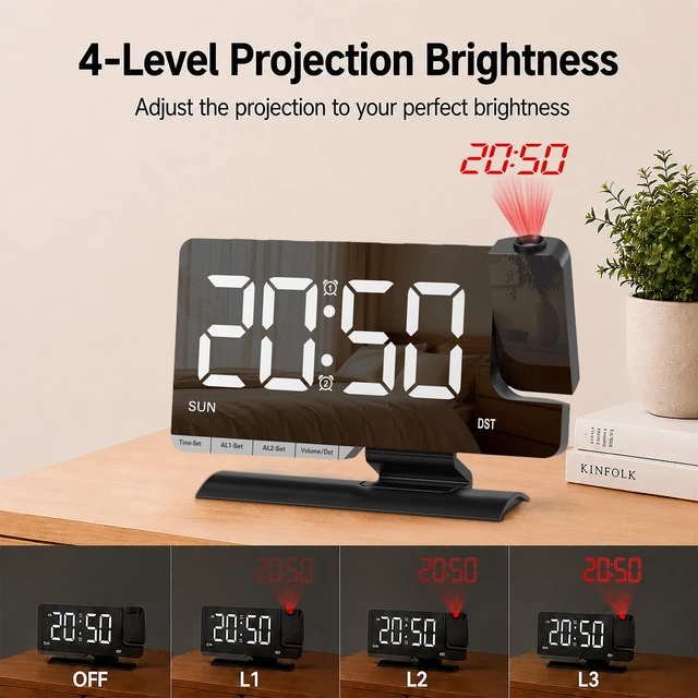 Alt view image 3 of 7 - Projection Clock for Bedroom Ceiling, Black LED Mirror Digital Alarm Clock | 7.3 inch Large Mirror Bedside Desk Clock 6-Level Brightness Loud Alarm USB & Type-C Charger Snooze DST Date 2 Alarms