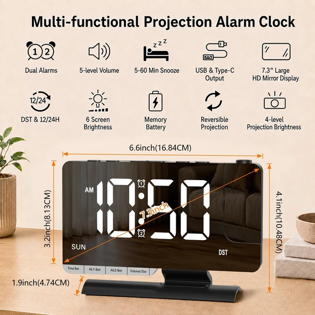 Alt view image 5 of 7 - Projection Clock for Bedroom Ceiling, Black LED Mirror Digital Alarm Clock | 7.3 inch Large Mirror Bedside Desk Clock 6-Level Brightness Loud Alarm USB & Type-C Charger Snooze DST Date 2 Alarms
