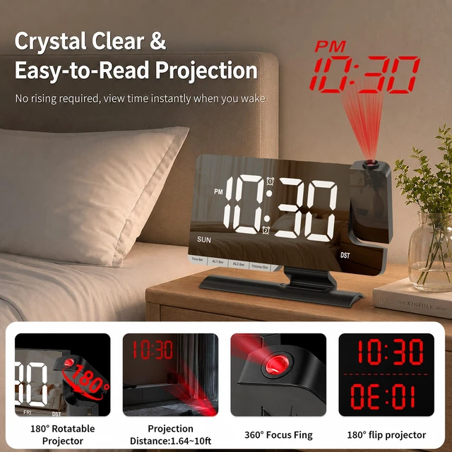 Alt view image 2 of 7 - Projection Clock for Bedroom Ceiling, Black LED Mirror Digital Alarm Clock | 7.3 inch Large Mirror Bedside Desk Clock 6-Level Brightness Loud Alarm USB & Type-C Charger Snooze DST Date 2 Alarms