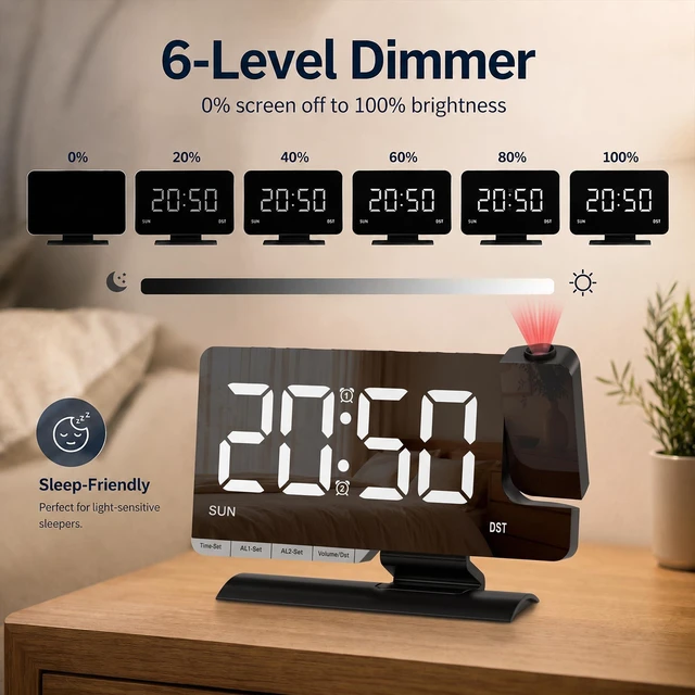 Alt view image 4 of 7 - Projection Clock for Bedroom Ceiling, Black LED Mirror Digital Alarm Clock | 7.3 inch Large Mirror Bedside Desk Clock 6-Level Brightness Loud Alarm USB & Type-C Charger Snooze DST Date 2 Alarms