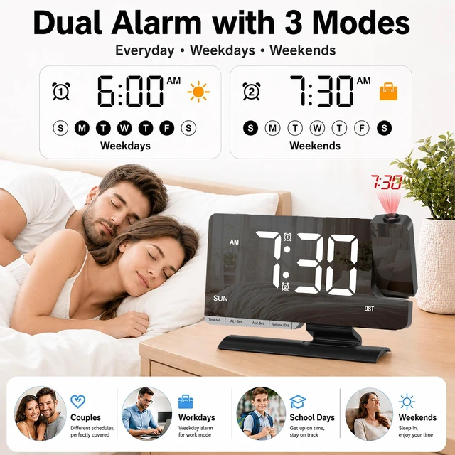 Alt view image 7 of 7 - Projection Clock for Bedroom Ceiling, Black LED Mirror Digital Alarm Clock | 7.3 inch Large Mirror Bedside Desk Clock 6-Level Brightness Loud Alarm USB & Type-C Charger Snooze DST Date 2 Alarms
