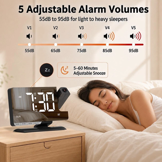 Alt view image 6 of 7 - Projection Clock for Bedroom Ceiling, Black LED Mirror Digital Alarm Clock | 7.3 inch Large Mirror Bedside Desk Clock 6-Level Brightness Loud Alarm USB & Type-C Charger Snooze DST Date 2 Alarms