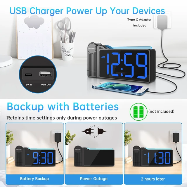 Alt view image 7 of 7 - Projection Alarm Clock for Bedroom Ceiling with Colorful Nightlight | 180° Rotatable Projector, 5 Brightness Dimmable, Electric Large Number LED Digital Clock with USB Port Charger for Bedside