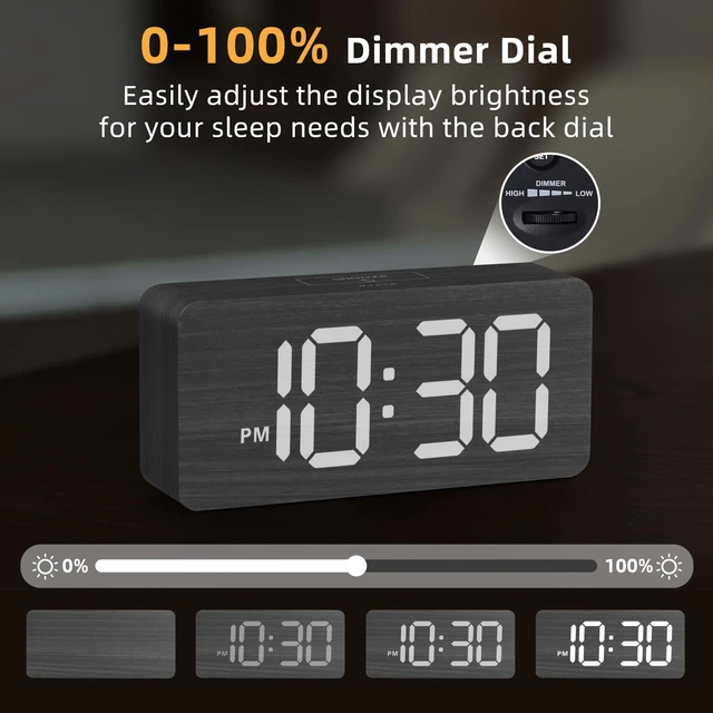 Alt view image 4 of 7 - Wooden Digital Alarm Clocks for Bedrooms with 0-100% Dimmable Display | Desk Clock with Large Numbers for Living Room - Loud Dual Alarm for Heavy Sleepers with Volume Control - Wood Decor & Gifts