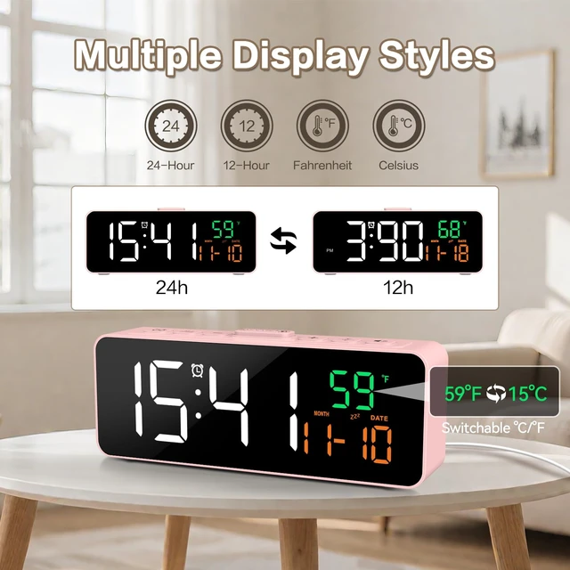 Alt view image 2 of 7 - 3-in-1 Digital Clocks for Living Room, Small & Compact Alarm Clock | Temperature, Date & Time Display, 4 Birghtness, 3 Volumes, Plug-in, for Bedroom, Office