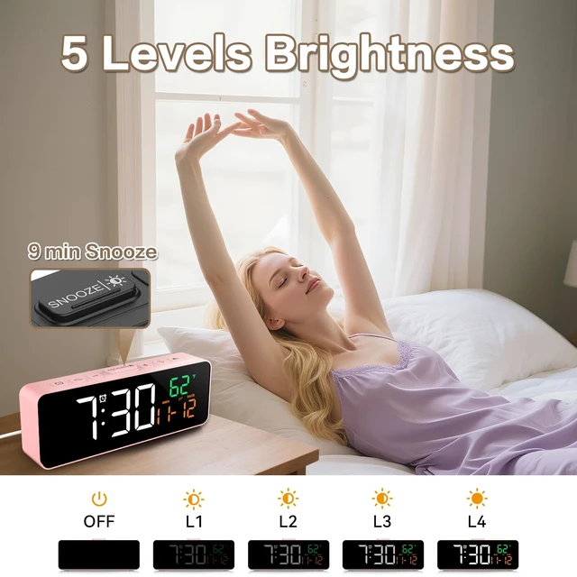 Alt view image 5 of 7 - 3-in-1 Digital Clocks for Living Room, Small & Compact Alarm Clock | Temperature, Date & Time Display, 4 Birghtness, 3 Volumes, Plug-in, for Bedroom, Office