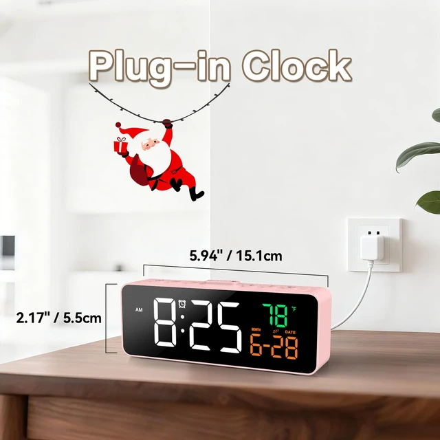 Alt view image 4 of 7 - 3-in-1 Digital Clocks for Living Room, Small & Compact Alarm Clock | Temperature, Date & Time Display, 4 Birghtness, 3 Volumes, Plug-in, for Bedroom, Office