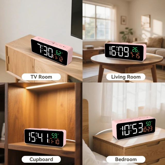 Alt view image 6 of 7 - 3-in-1 Digital Clocks for Living Room, Small & Compact Alarm Clock | Temperature, Date & Time Display, 4 Birghtness, 3 Volumes, Plug-in, for Bedroom, Office