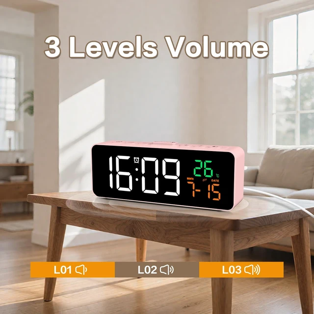 Alt view image 7 of 7 - 3-in-1 Digital Clocks for Living Room, Small & Compact Alarm Clock | Temperature, Date & Time Display, 4 Birghtness, 3 Volumes, Plug-in, for Bedroom, Office
