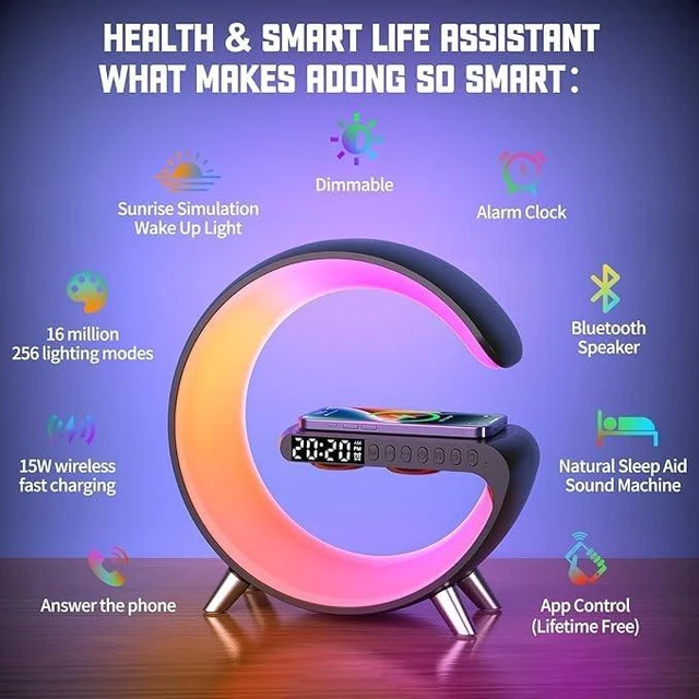 Alt view image 2 of 7 - Smart LED Table Lamp,4-in-1 Wireless Charger with Speaker,Night Light, Alarm Clock, and Bluetooth Speaker with App Control for Bedroom and Home Decor (Black, Large)