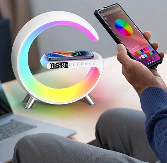 Alt view image 3 of 7 - Smart LED Table Lamp,4-in-1 Wireless Charger with Speaker,Night Light, Alarm Clock, and Bluetooth Speaker with App Control for Bedroom and Home Decor (Black, Large)
