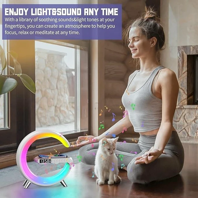 Alt view image 5 of 7 - Smart LED Table Lamp,4-in-1 Wireless Charger with Speaker,Night Light, Alarm Clock, and Bluetooth Speaker with App Control for Bedroom and Home Decor (Black, Large)