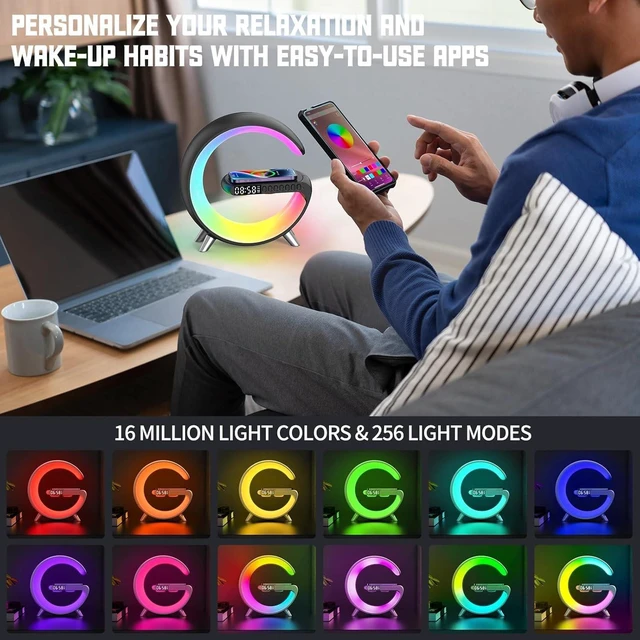 Alt view image 7 of 7 - Smart LED Table Lamp,4-in-1 Wireless Charger with Speaker,Night Light, Alarm Clock, and Bluetooth Speaker with App Control for Bedroom and Home Decor (Black, Large)