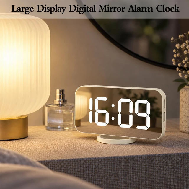 Alt view image 2 of 7 - Digital Alarm Clock, Mirror LED Desk Clock with Large Display, Pearl | 3 Brightness Levels, 12/24H, Bedside Clock with Dual USB Ports, Modern Electronic Clock for Bedroom, Living Room & Office