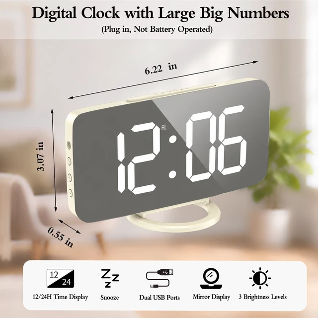 Alt view image 3 of 7 - Digital Alarm Clock, Mirror LED Desk Clock with Large Display, Pearl | 3 Brightness Levels, 12/24H, Bedside Clock with Dual USB Ports, Modern Electronic Clock for Bedroom, Living Room & Office