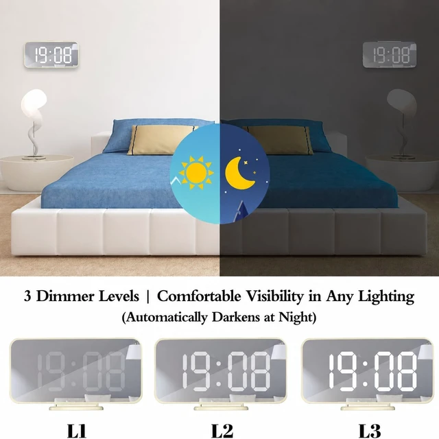 Alt view image 5 of 7 - Digital Alarm Clock, Mirror LED Desk Clock with Large Display, Pearl | 3 Brightness Levels, 12/24H, Bedside Clock with Dual USB Ports, Modern Electronic Clock for Bedroom, Living Room & Office