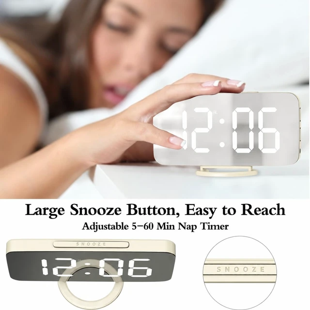 Alt view image 7 of 7 - Digital Alarm Clock, Mirror LED Desk Clock with Large Display, Pearl | 3 Brightness Levels, 12/24H, Bedside Clock with Dual USB Ports, Modern Electronic Clock for Bedroom, Living Room & Office