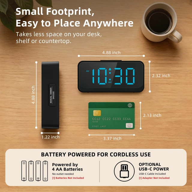 Alt view image 2 of 7 - Battery Operated Small Alarm Clock: Compact Cordless Design | Digital Large Display Clock for Bedrooms Desks and Travel - Simple to Use for Seniors Teens Blue Digits