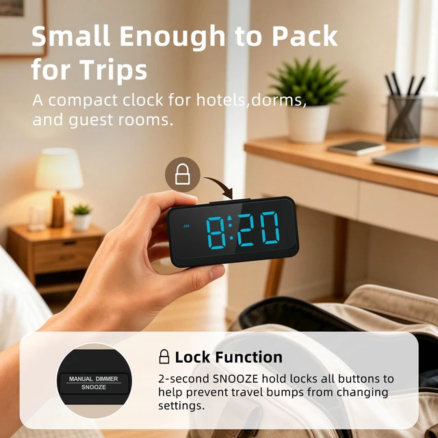 Alt view image 4 of 7 - Battery Operated Small Alarm Clock: Compact Cordless Design | Digital Large Display Clock for Bedrooms Desks and Travel - Simple to Use for Seniors Teens Blue Digits