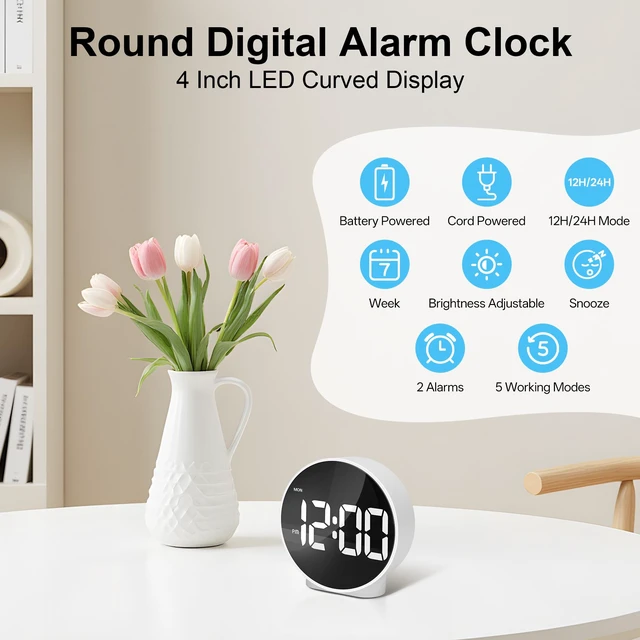Alt view image 2 of 7 - Small LED White Digital Alarm Clock 4 Inch, White Large Numbers | USB/Battery Operated, 2 Alarms, Snooze, Adjustable Brightness, LED Digital Bedside Clocks for Bedroom Office Desk Table