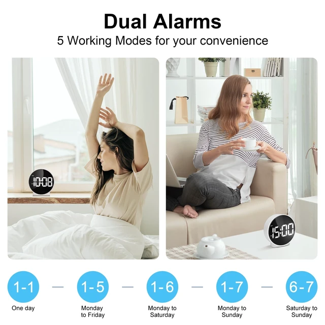 Alt view image 5 of 7 - Small LED White Digital Alarm Clock 4 Inch, White Large Numbers | USB/Battery Operated, 2 Alarms, Snooze, Adjustable Brightness, LED Digital Bedside Clocks for Bedroom Office Desk Table