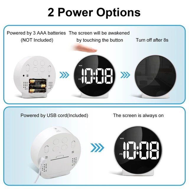 Alt view image 6 of 7 - Small LED White Digital Alarm Clock 4 Inch, White Large Numbers | USB/Battery Operated, 2 Alarms, Snooze, Adjustable Brightness, LED Digital Bedside Clocks for Bedroom Office Desk Table