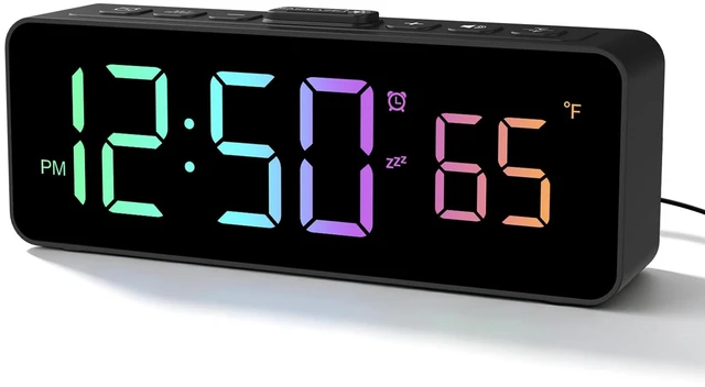 Main image of 2-in-1 Digital Alarm Clocks for Living Room Bedroom | Small Clock with Temperature & Time Display - RGB Display, 4 Levels & off Birghtness, 3 Volumes, Plug-in Use, Compact, Snooze