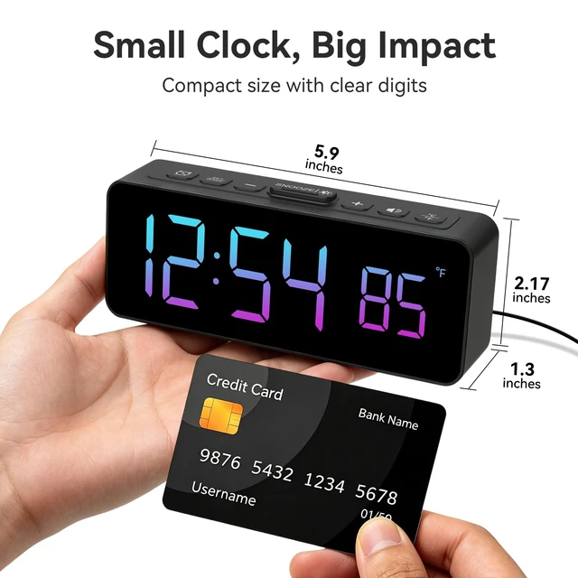 Alt view image 3 of 7 - 2-in-1 Digital Alarm Clocks for Living Room Bedroom | Small Clock with Temperature & Time Display - RGB Display, 4 Levels & off Birghtness, 3 Volumes, Plug-in Use, Compact, Snooze