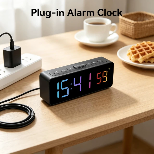 Alt view image 6 of 7 - 2-in-1 Digital Alarm Clocks for Living Room Bedroom | Small Clock with Temperature & Time Display - RGB Display, 4 Levels & off Birghtness, 3 Volumes, Plug-in Use, Compact, Snooze